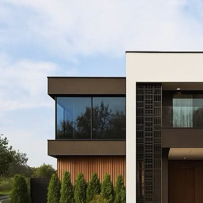 Residência contemporânea com volumes brancos e madeira